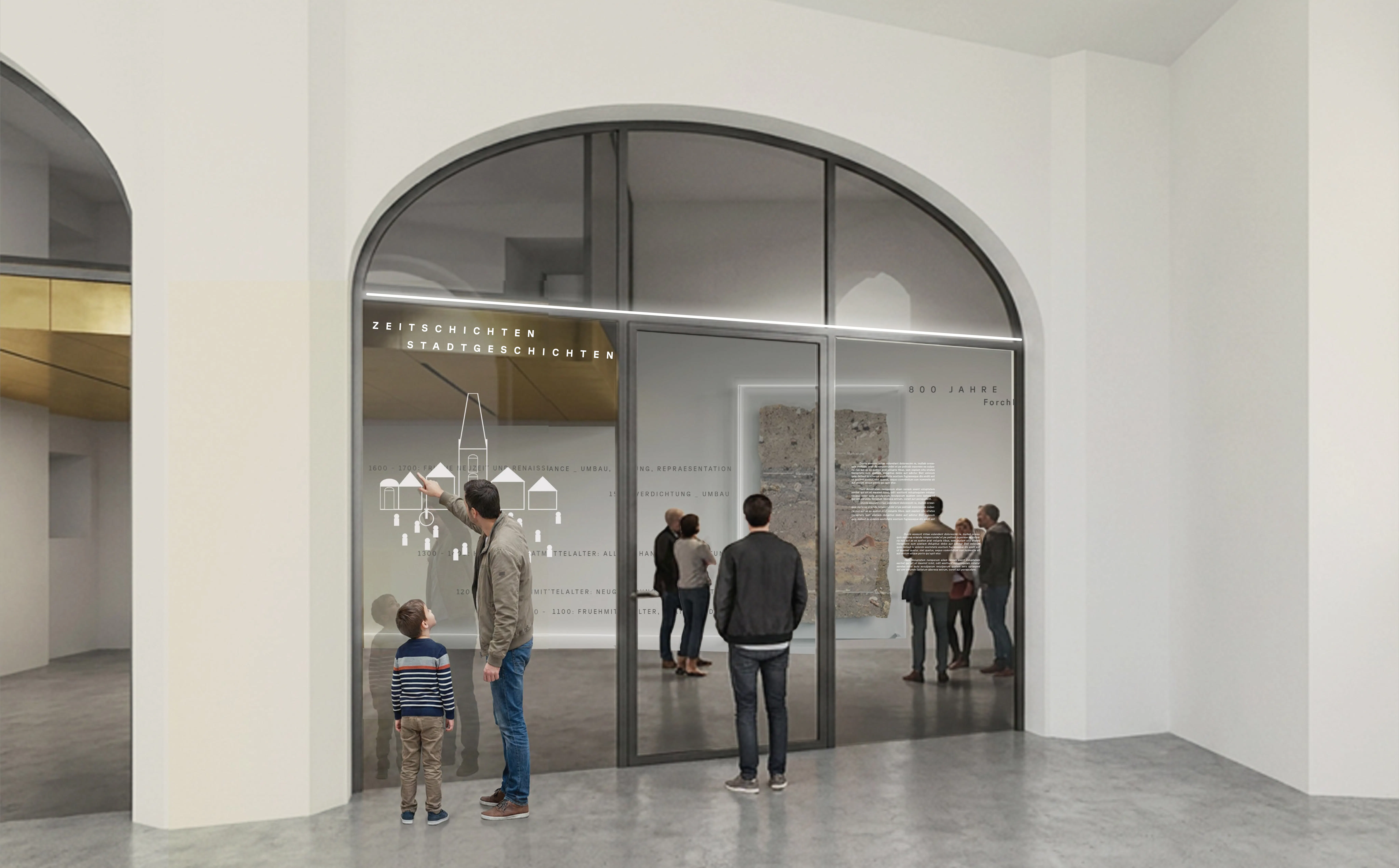 Blick durch die Scheiben der Markthalle in das Foyer des Rathauses