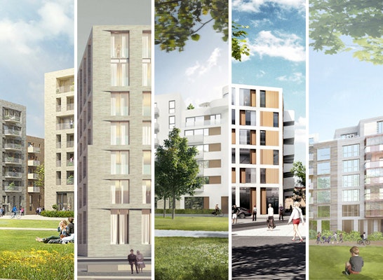 5 Gewinner (v. l. n. r.): André Poitiers Architekt RIBA Stadtplaner; BE Baumschlager Eberle; BLK2 Böge Lindner K2 Architekten; PLANWERKEINS ARCHITEKTEN; czerner göttsch architekten architektur + stadtplanung