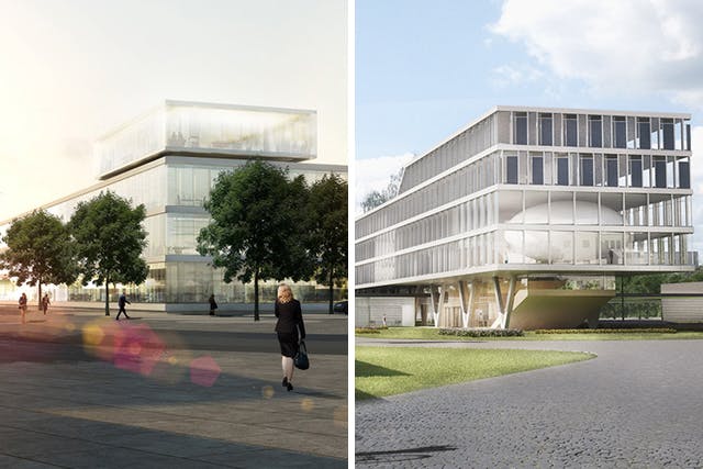 Zwei 1. Preise ─ links: ingenhoven architects; rechts: HHS Planer + Architekten AG