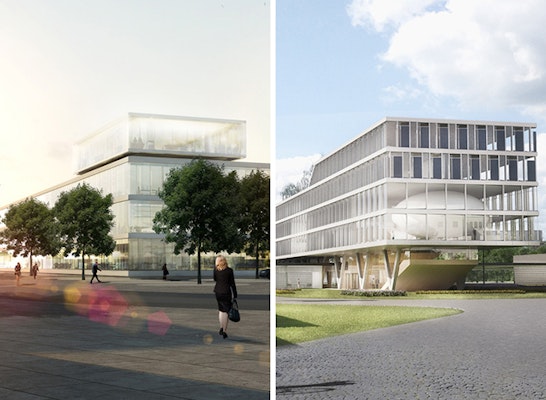 Zwei 1. Preise ─ links: ingenhoven architects; rechts: HHS Planer + Architekten AG