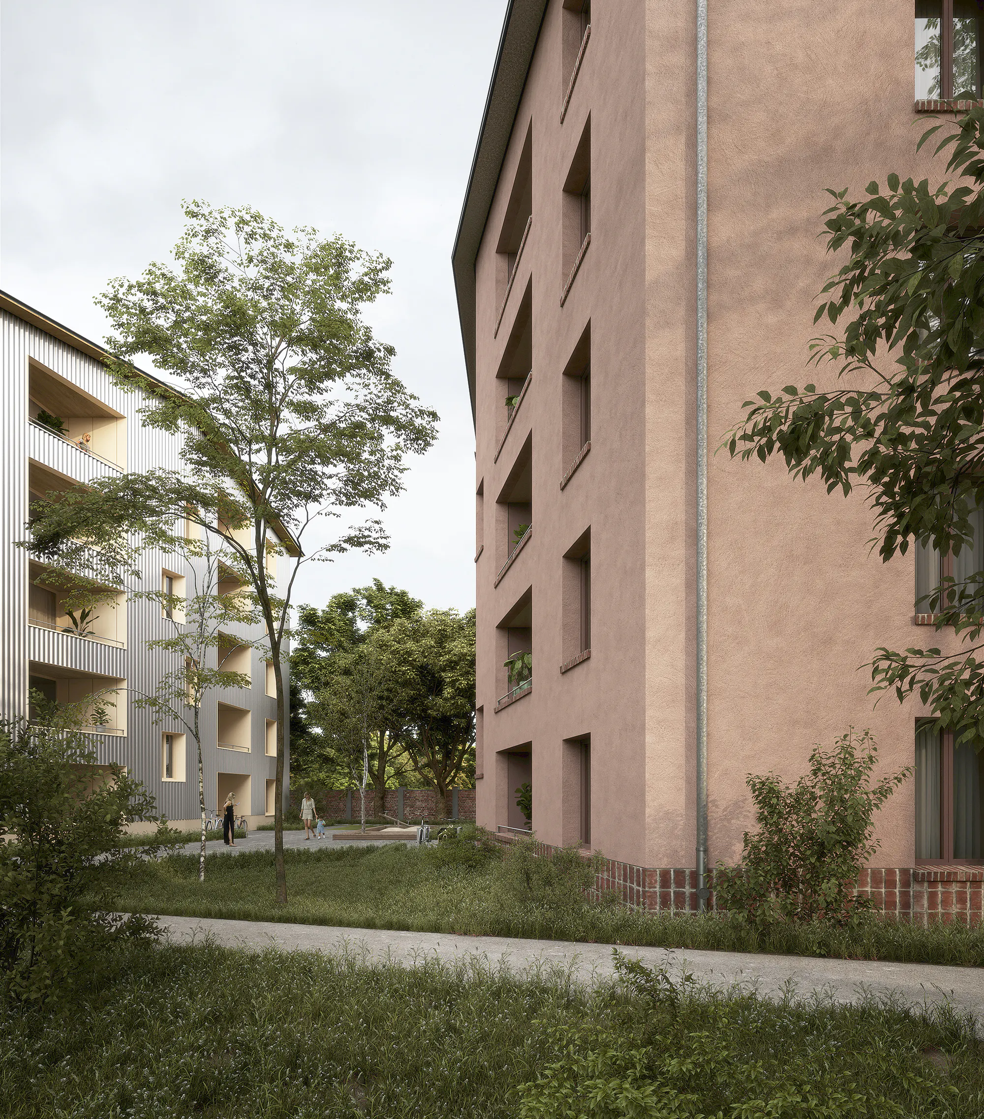 Blick in den Erschließungshof zwischen den beiden Häusern