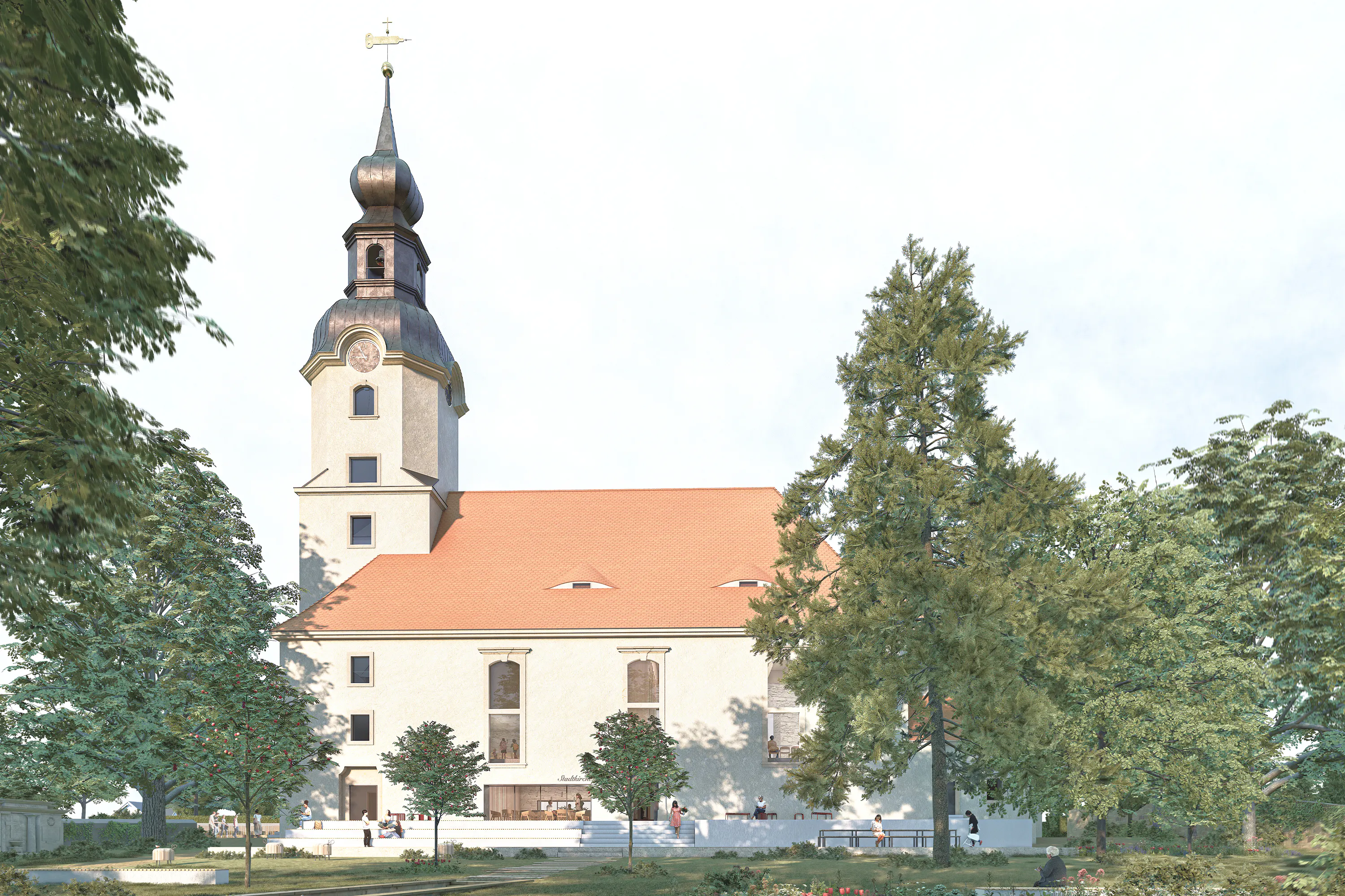 Außenperspektive - Blick vom Garten zur Stadtkirche mit Gemeinschaftsterrasse