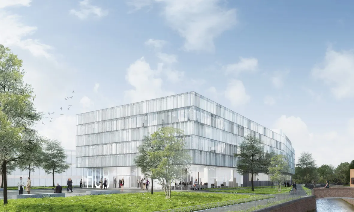 Ostansicht mit Eingang, HUB, Institut für die elektrochemische Lagerung von Energie der Universität Picardie Jules Verne