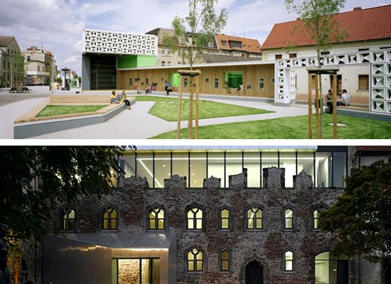 Hannes-Meyer-Preis 2012: oben Freiluftbibliothek `Lesezeichen´ in Magdeburg, unten Kunstmuseum Stiftung Moritzburg in Halle