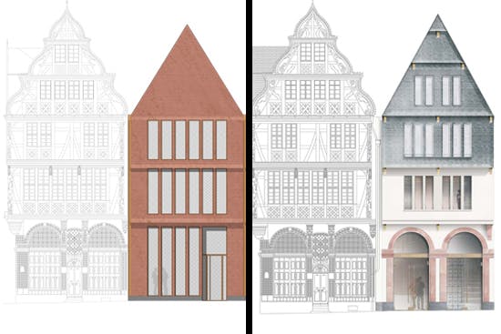 Zwei 2. Preise Parzelle Markt 7: links Helmut Riemann Architekten GmbH, Lübeck (DE), rechts dreibund architekten ballerstedt | helms | koblank BDA, Bochum (DE)