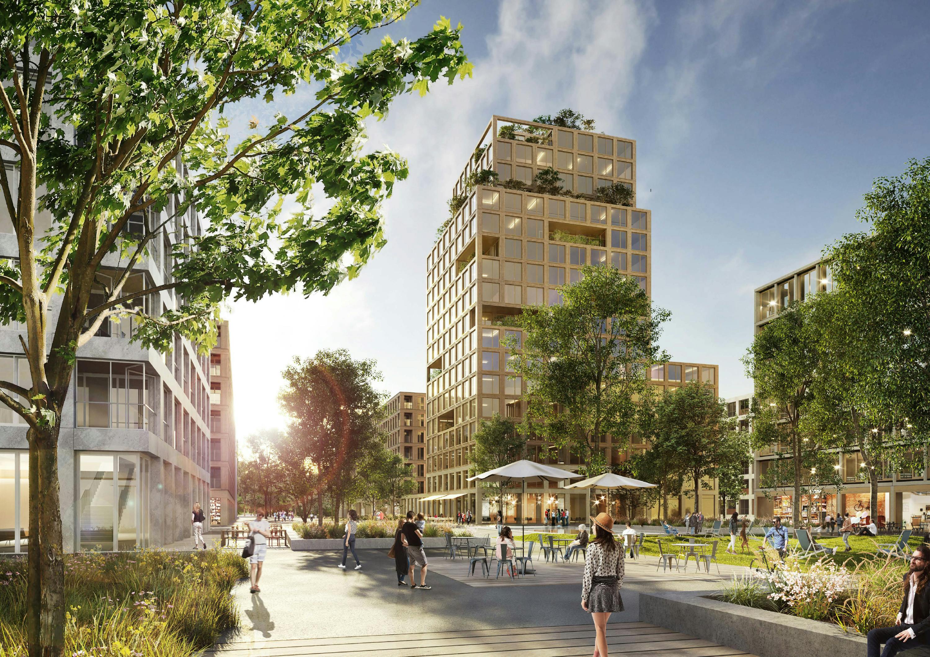 Eingang ins Quartier - Blick über den Bahnhofsplatz in die Flaniermeile