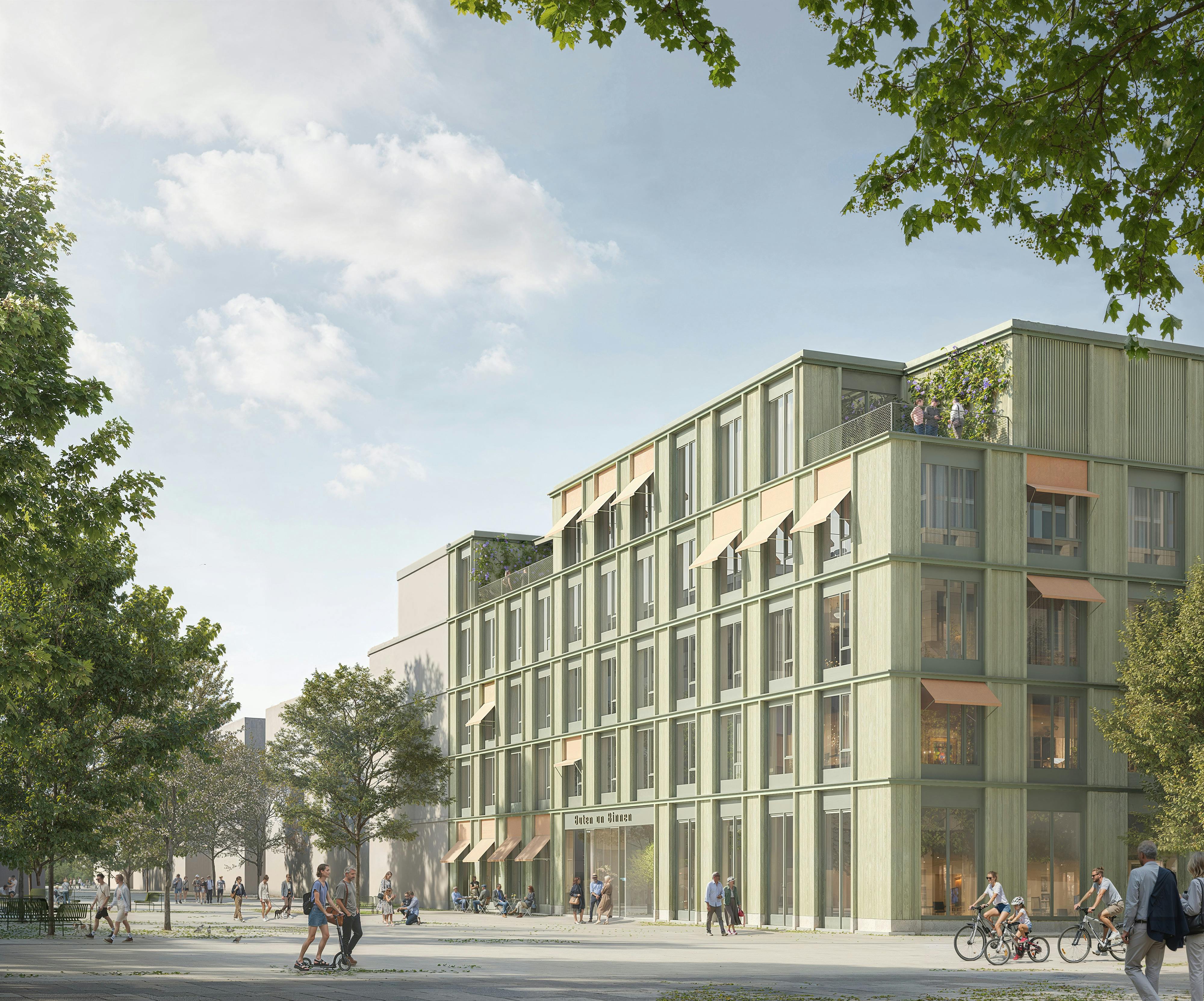 Blick vom Quartiersplatz auf das Mehrgenerationenhaus