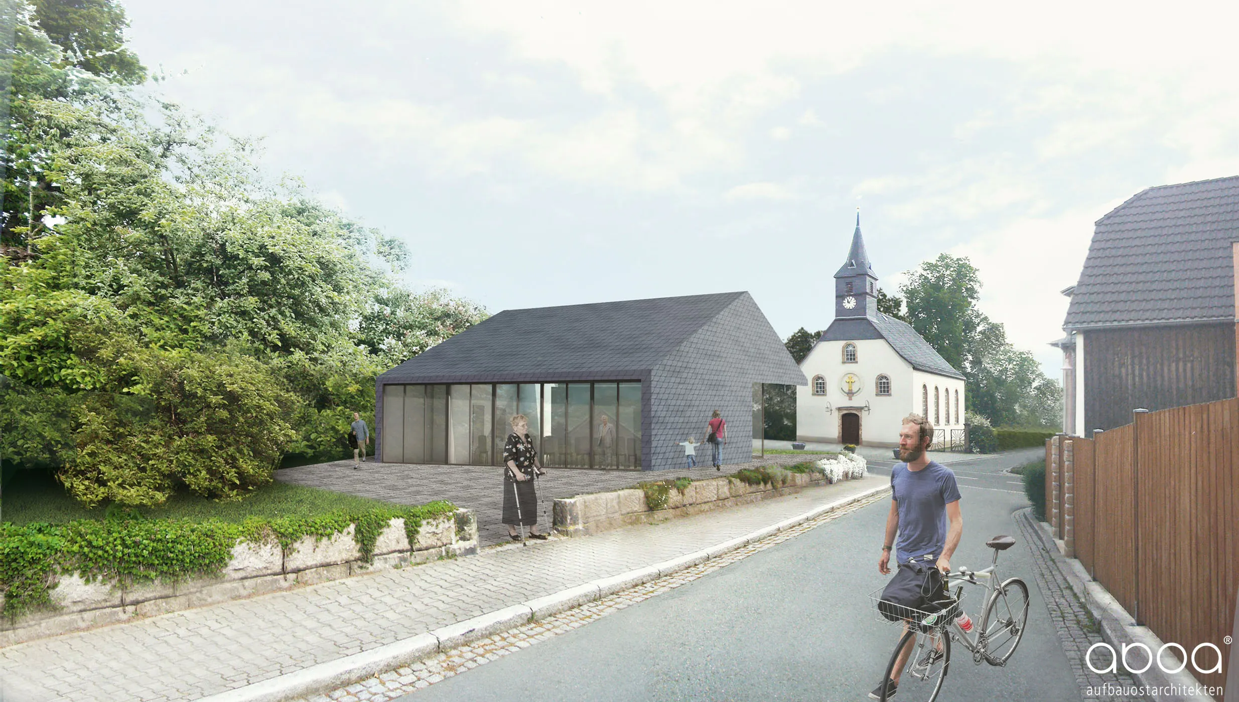 Blick auf den Gemeindesaal mit Garten und Kirche