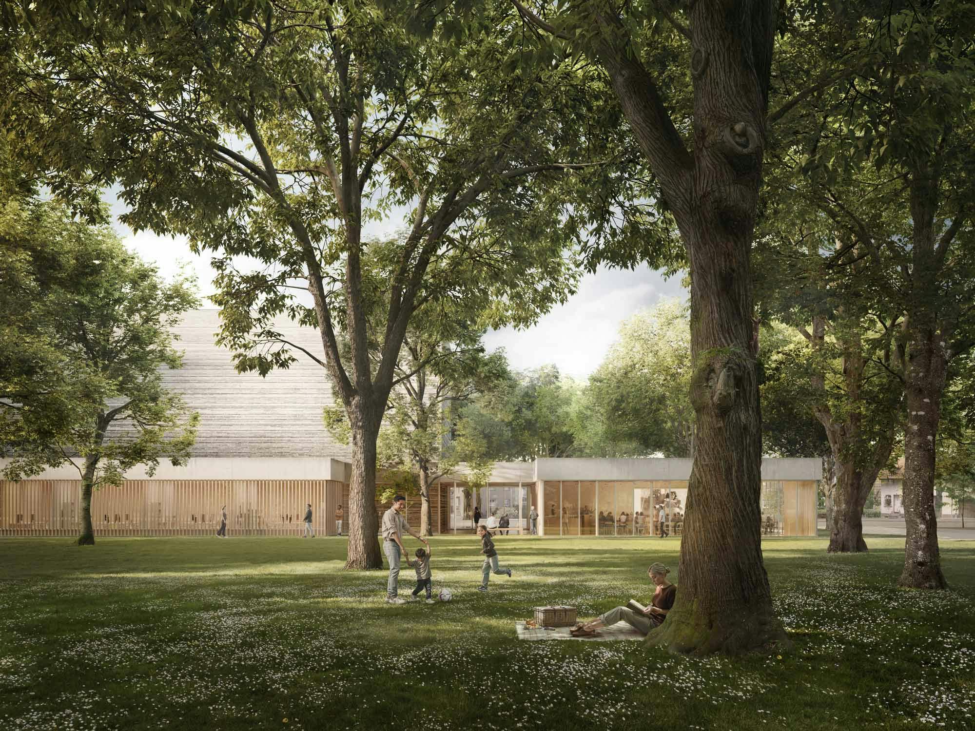 Das neue Archivgebäude im Zusammenspiel mit dem angrenzendern Baumpark - ein monolithischer Archivkörper umspült von einem vermittelnden Holzbau - der Patio um den Baum als Einladung an die Stadt