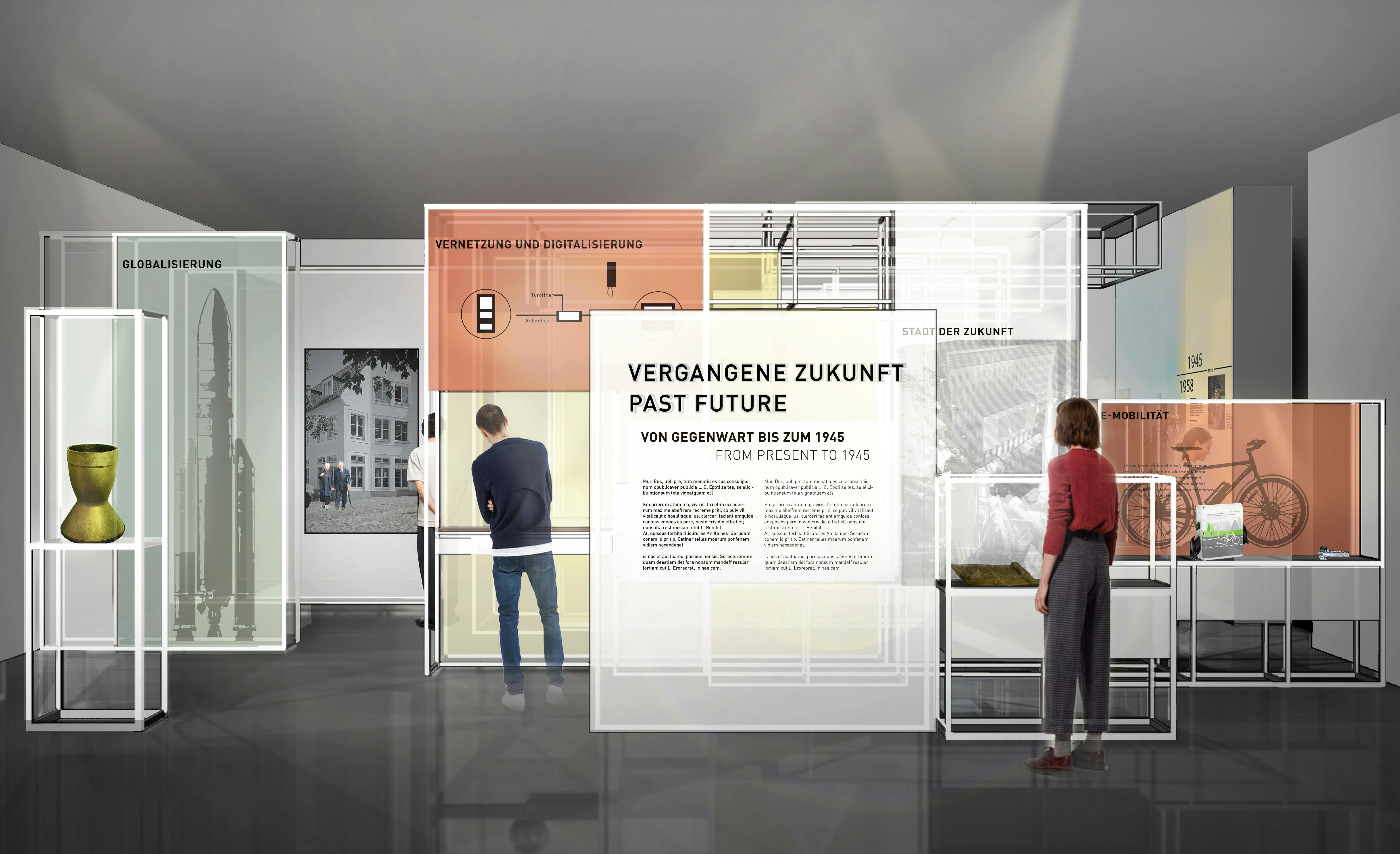 Ausstellungseinheit „Vergangene Zukunft“: starke Raumarchitektur mit flexible Präsentationsmöglichkeiten