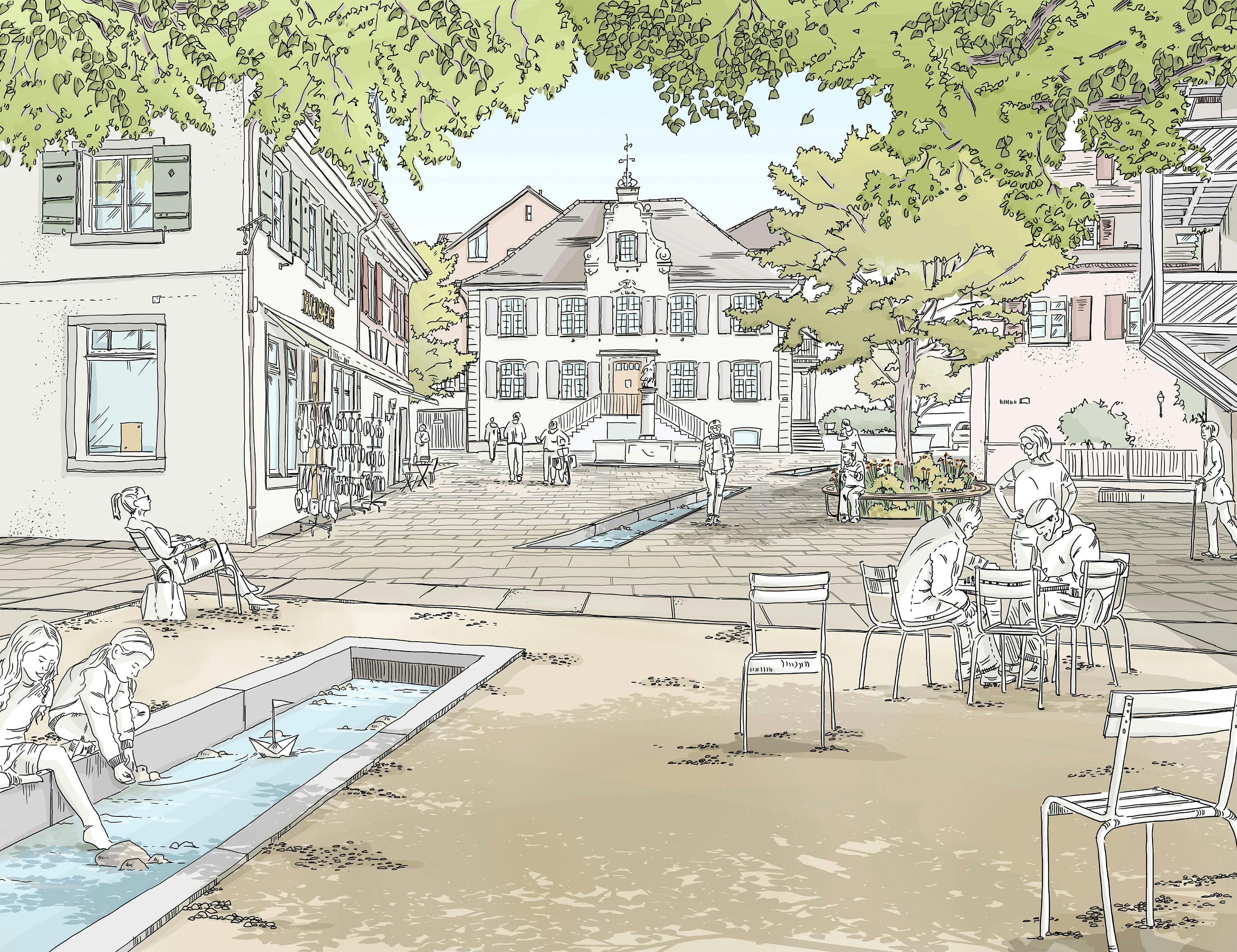 Visualisierung des Dorfplatzes mit dem neu eröffneten Dorfbach