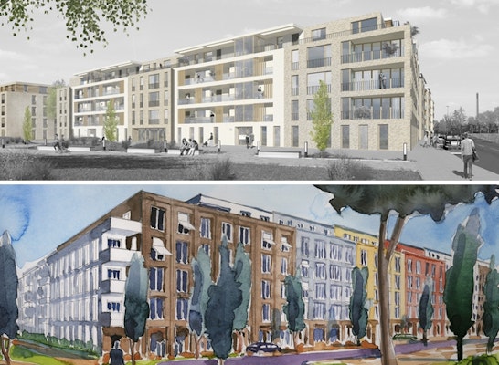 Zwei 1. Preise ─ oben: O.M. Architekten BDA mit chora blau Landschaftsarchitektur + Visualisierung; unten: Finkelstein Architekten mit Ingenieurbüro Jüngling