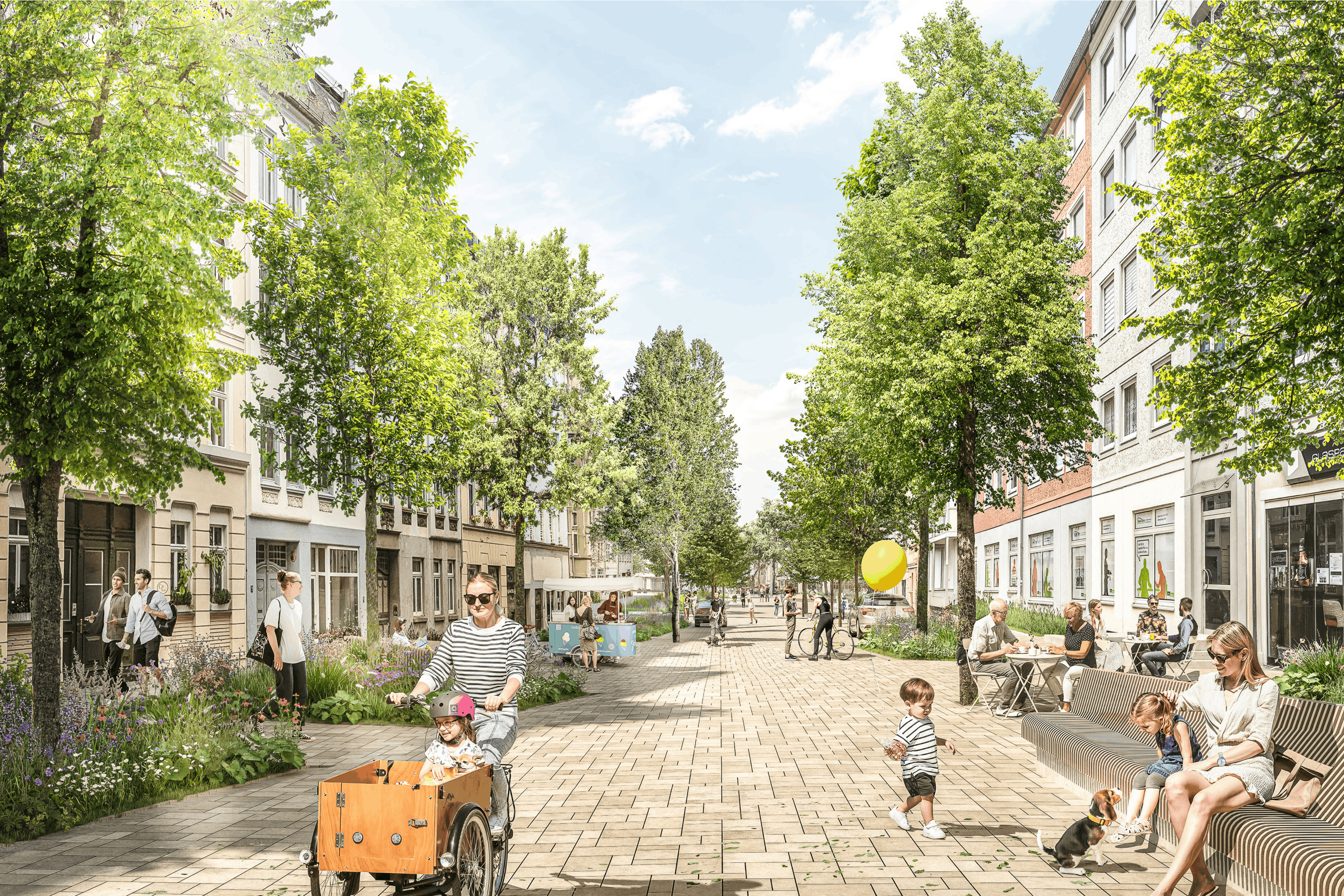 Blick Richtung Zschochernplatz entlang der neuen Straßenwohnzimmer