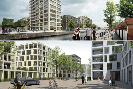 Zwei 1. Preise: oben - André Poitiers Architekt RIBA Stadtplaner; unten - Baumschlager Hutter Partners, p.arc