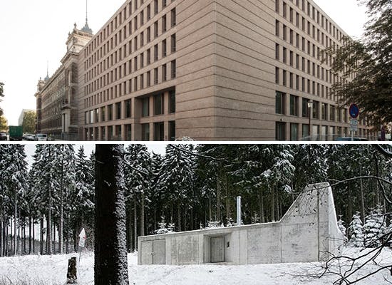 Preise für zwei Projekte - oben: Neubau Amtsgericht, Dresden; unten: Schutzhütte am Fichtelberg, Tellerhäuser