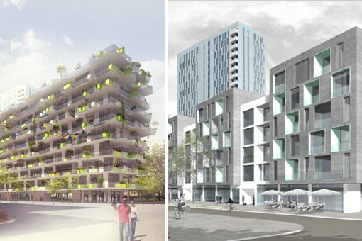 Zwei Entwürfe aus der Preisgruppe mit drei gleichrangigen Preisträgern - links: querkraft architekten zt gmbh, Wien; rechts: studioinges, Berlin